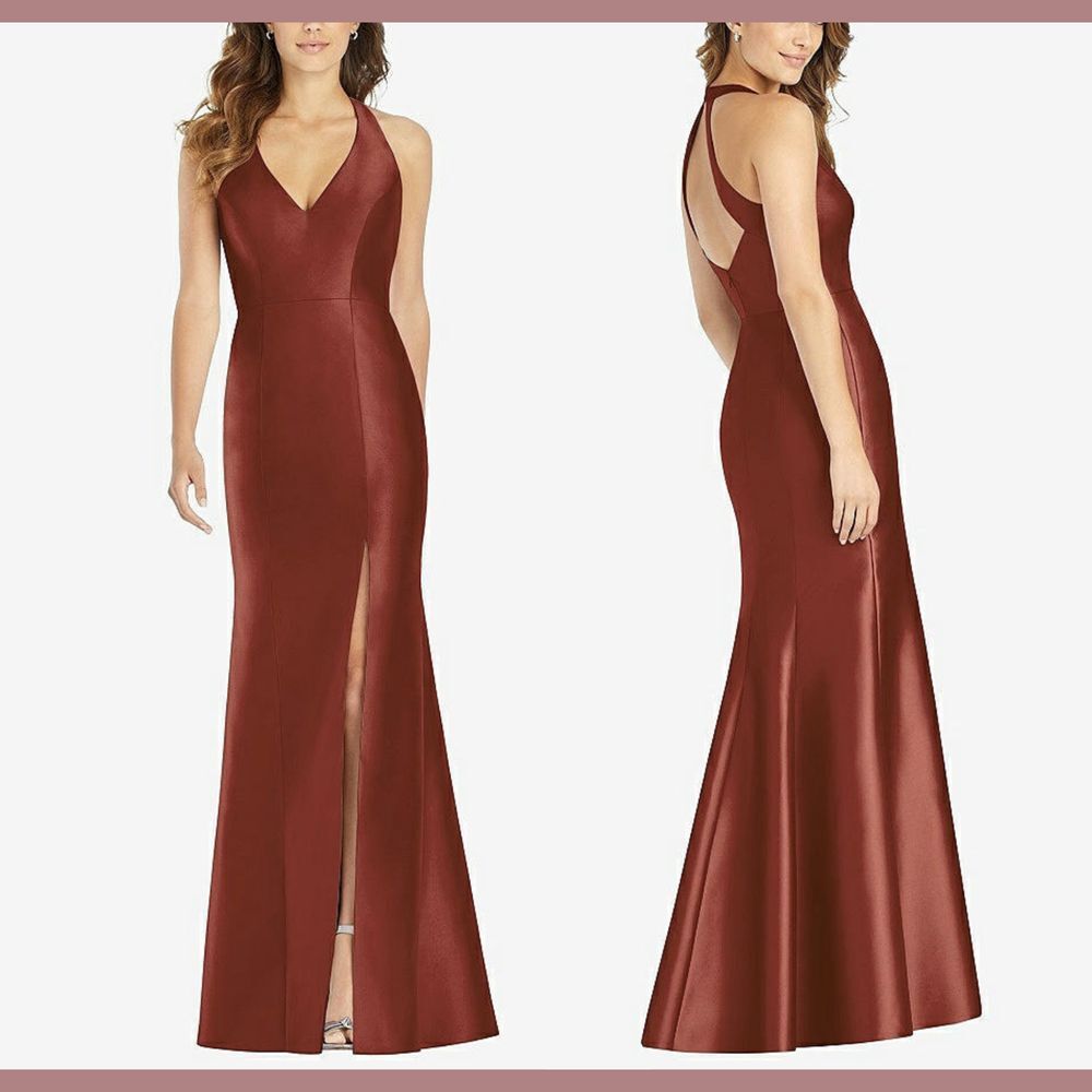 NWT‎ $244 Alfred Sung [ 2 ] V Neck Halter Satin Trumpet Gown Auburn Moon